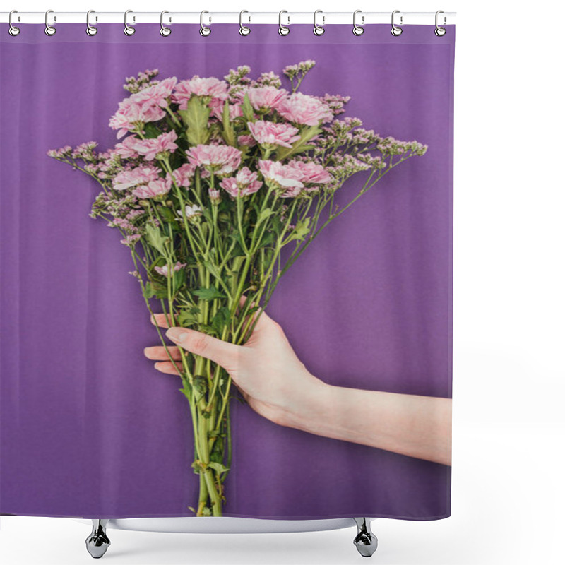 Personality  Cropped Of Person Holding Beautiful Pink Flowers On Violet  Shower Curtains