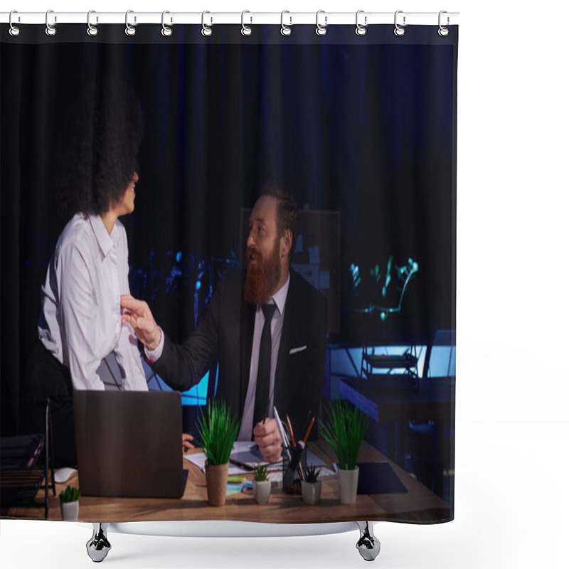 Personality  Bearded Businessman Touching Blouse Of Seductive African American Woman Near Laptop In Night Office Shower Curtains