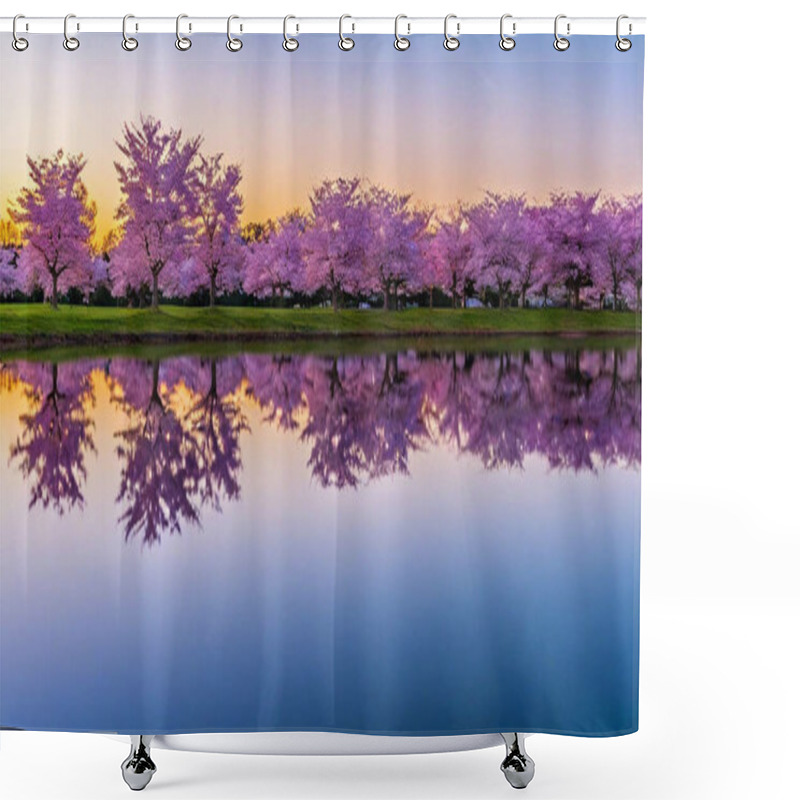 Personality  Rows Of Cherry Blossom Trees Stretching Across A Meadow As The Pastel Sky Transitions Into Twilight. The Still Water Of A Pond Captures The Colors And Silhouettes Of The Blossoming Trees Shower Curtains