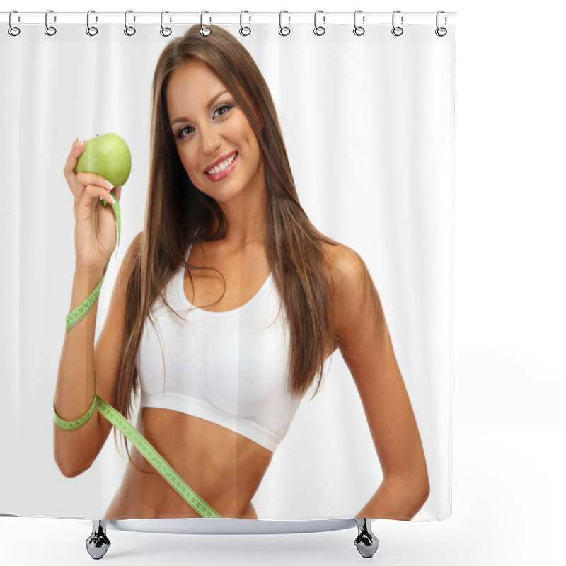 Personality  Beautiful Young Woman With Green Apple And Measure Tape, Isolated On White Shower Curtains