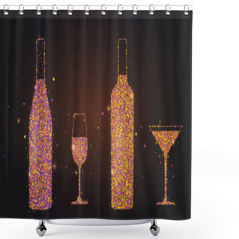 Personality  Set Of Silhouettes Of Wine Glasses And Bottles On Black Background. Color Glittering Particles In Glass And Bottle Shape. Modern Vector Template Shower Curtains