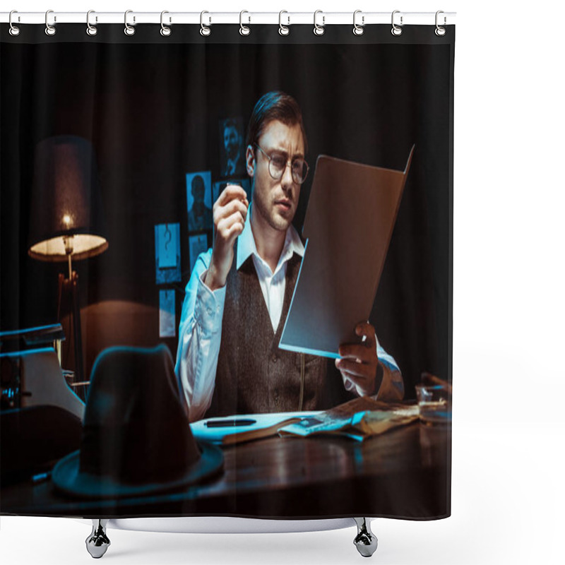 Personality  Concentrated Detective In Glasses Reading Dossier In Dark Office Shower Curtains