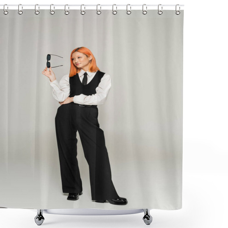 Personality  Happy Emotion, Full Length Of Asian Woman With Dyed Red Hair Holding Dark Sunglasses And Looking Away On Grey Background, Business Casual Fashion, White Shirt, Black Tie, Vest And Pants Shower Curtains