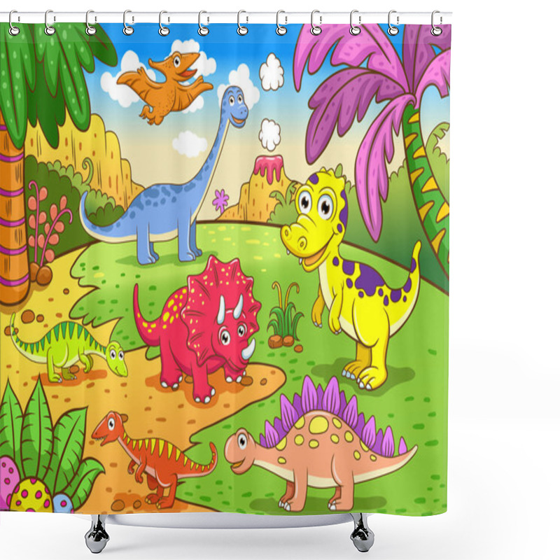 Personality  Cute Dinosaurs In Prehistoric Scene Shower Curtains