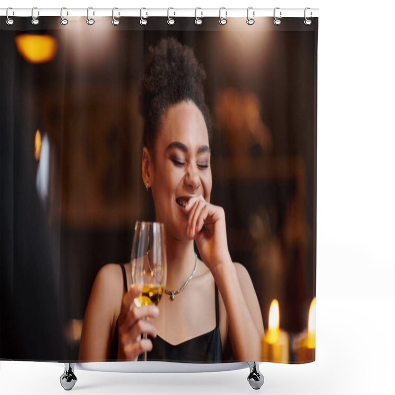 Personality  Curly African American Woman Laughing And Holding Glass Of Wine During Date On Valentines Day Shower Curtains