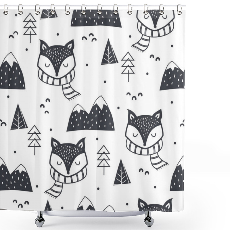 Personality  Cute Hand Drawn Seamless Pattern With Fox, Forest Elements And Snowy Mountains. Childish Cartoon Animals Background. Design For Fabric, Wrapping, Textile, Wallpaper And More Shower Curtains