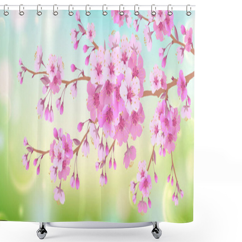 Personality  Spring Soft Background With A Branch Of Cherry Blossoms. Blooming Cherry Blossoms. Natural Design. Shower Curtains