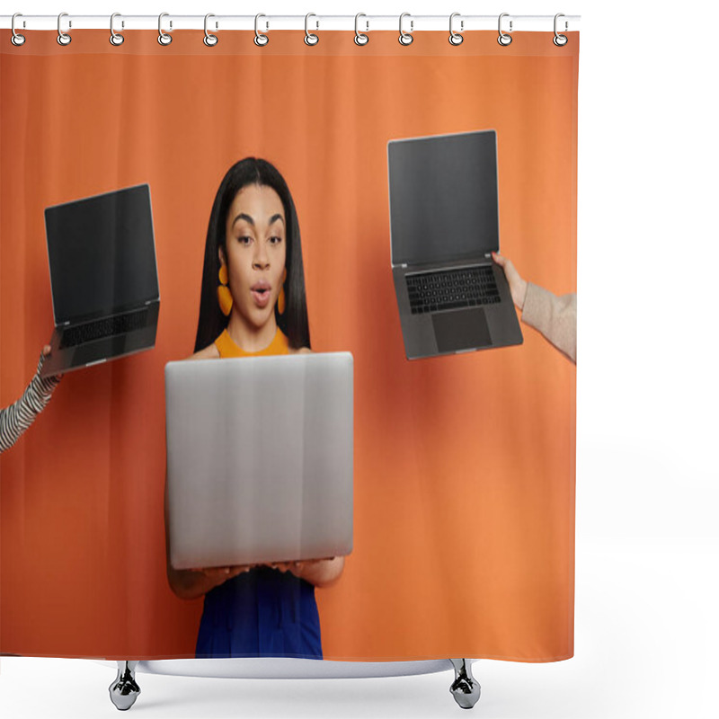 Personality  A Woman Enthusiastically Interacts With Three Laptops In A Lively Setting. Shower Curtains