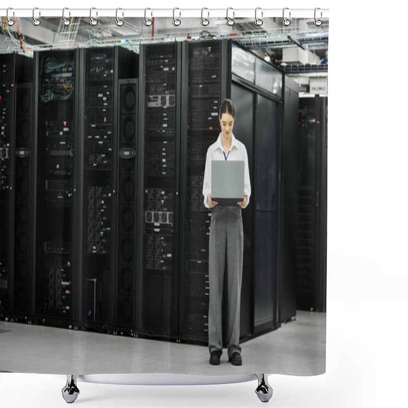 Personality  A Skilled Woman In A White Shirt Engages With Server Hardware In A High-tech Environment. Shower Curtains