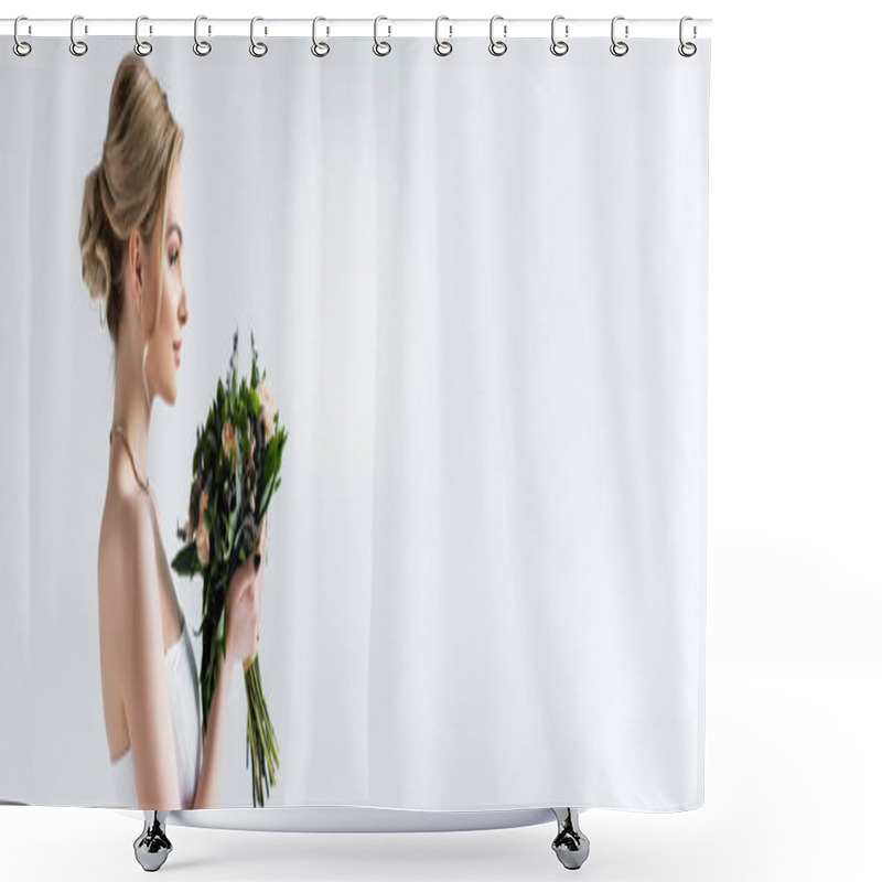 Personality  Panoramic Shot Of Attractive Bride Holding Wedding Flowers On White  Shower Curtains