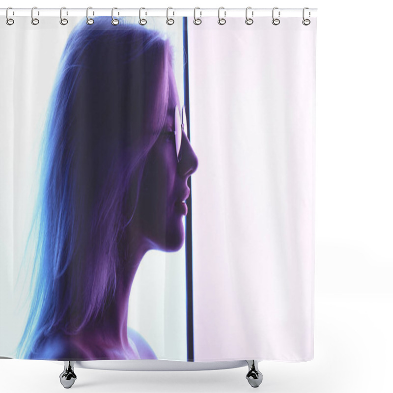 Personality  Profile Of A Beautiful Young Blond Woman With Glasses Against A Background Of Blue Pink Creative Neon Lighting Shower Curtains