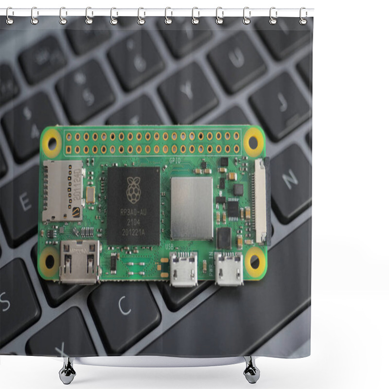 Personality  Galati, ROMANIA - March 31, 2022: Close-up Of A New Raspberry Pi Zero 2 W With The New RP3A0, On A Laptop Keyboard. Shower Curtains