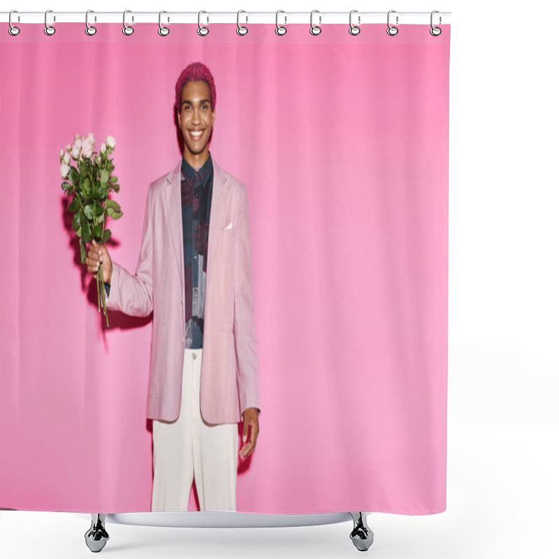 Personality  Handsome Man With Pink Hair Posing With Rose Bouquet On Pink Backdrop Smiling Cheerfully At Camera Shower Curtains