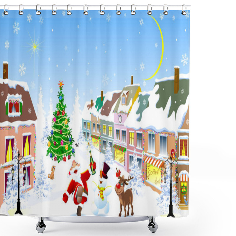 Personality  City Street In The Winter Christmas Night. Santa, Deer And Snowman Happily Greet Christmas.  Christmas Tree. Houses Covered With Snow. Winter Night On Christmas Eve. Shower Curtains