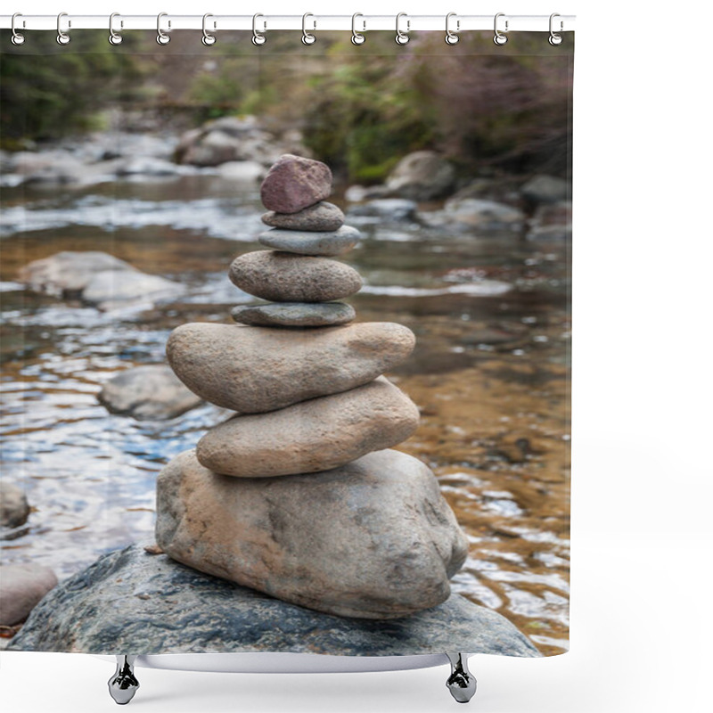 Personality  Cairn Of Balanced Stones By The Riverside Shower Curtains