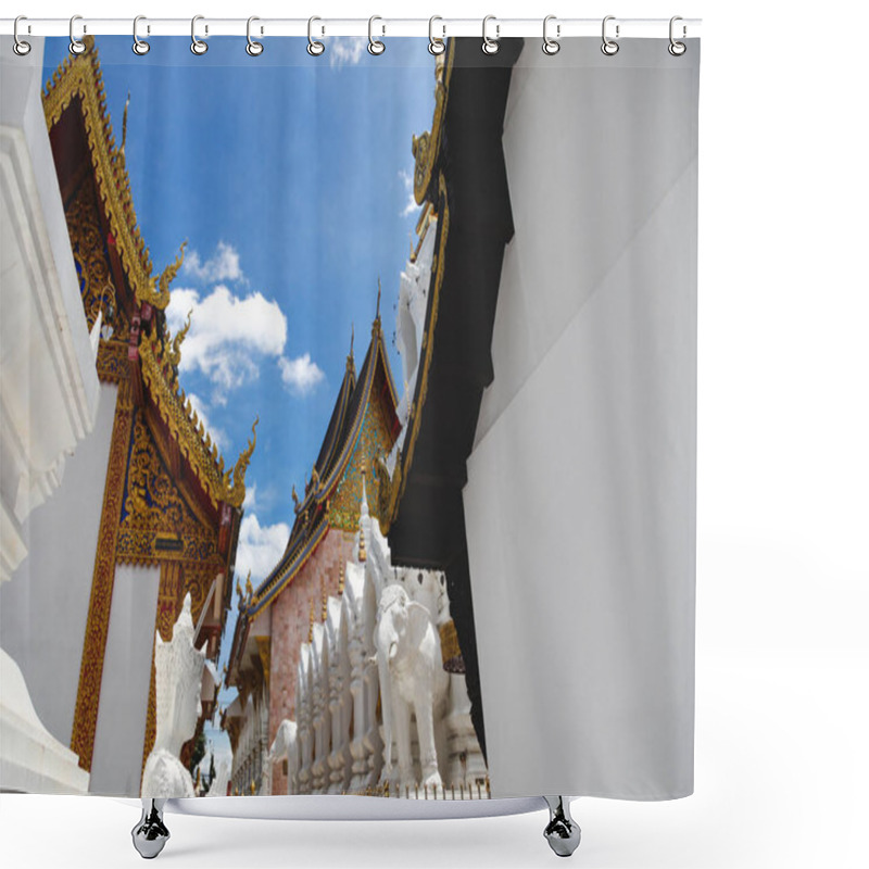 Personality  Beautiful Thai Temple In Front Of Clear Blue Sky Shower Curtains