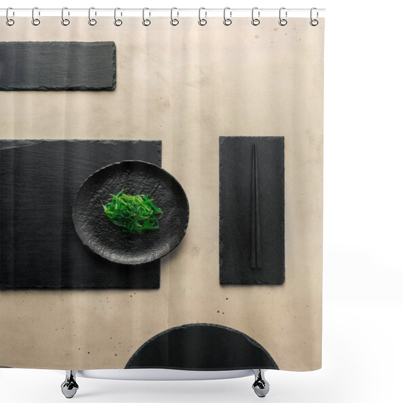 Personality  Chuka Seaweed Salad, Black Sesame Seeds On Black Slate Plates Of Different Shapes Shower Curtains