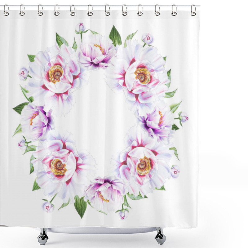 Personality  White Peony Flowers Frame On White Background Shower Curtains