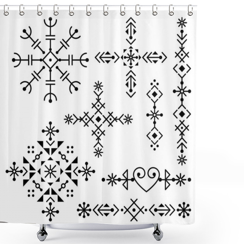 Personality  Iceland's Rune Art Style Geometric Tribal Line Art Vector Design Collection, Black And White Set Inspired By Viking Patterns Shower Curtains