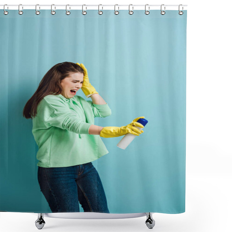 Personality  Displeased Housewife Grimacing And Touching Head While Spraying Air Freshener On Blue Background Shower Curtains