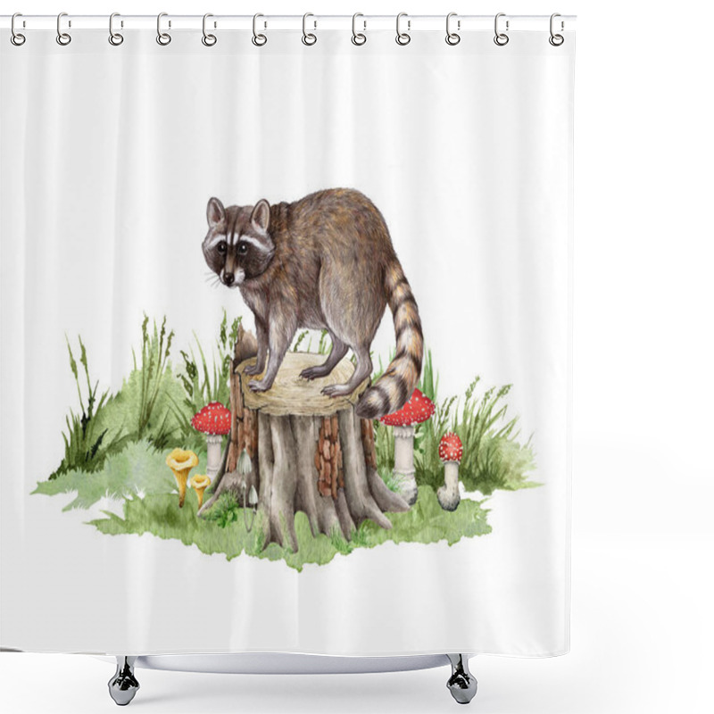 Personality  Raccoon On The Tree Stump. Hand Drawn Illustration. Forest Wildlife Scene. Cute Raccoon Standing On The Tree Stump With Green Grass And Forest Mushrooms. Wildlife Animal In Natural Environment. Shower Curtains