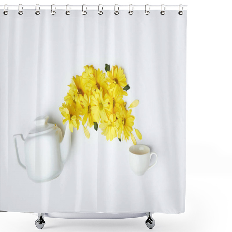 Personality  Pouring Yellow Chrysanthemums From White Teapot Into Cup Isolated On White Shower Curtains