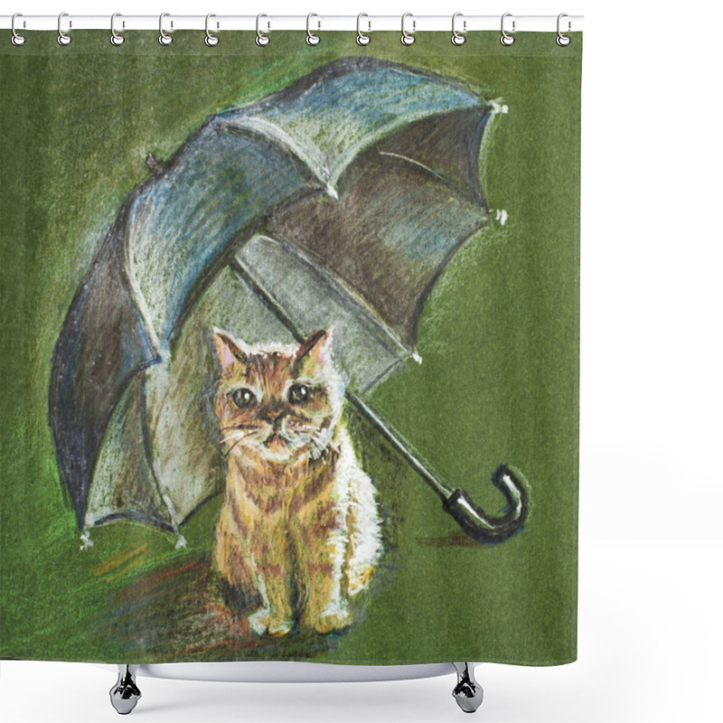 Personality  Red Cat Under The Umbrella Shower Curtains