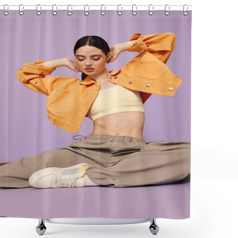 Personality  A Young Woman Embraces Her Stylish Side While Striking A Dynamic Pose In A Colorful Setting. Shower Curtains