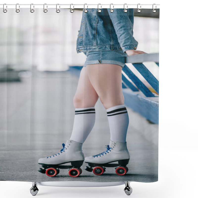 Personality  Partial View Of Stylish Woman In Denim Clothing, High Socks And Retro Roller Skates Shower Curtains