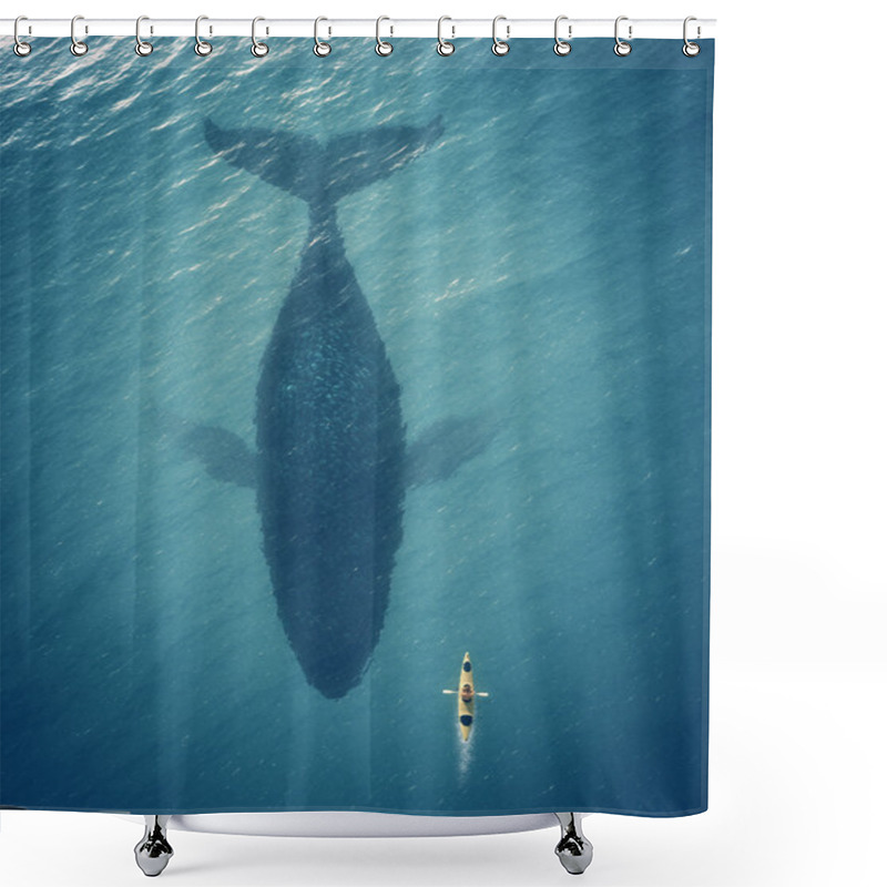 Personality  Man In A Boat Floats Next To A Big Fish, Whale. Shower Curtains