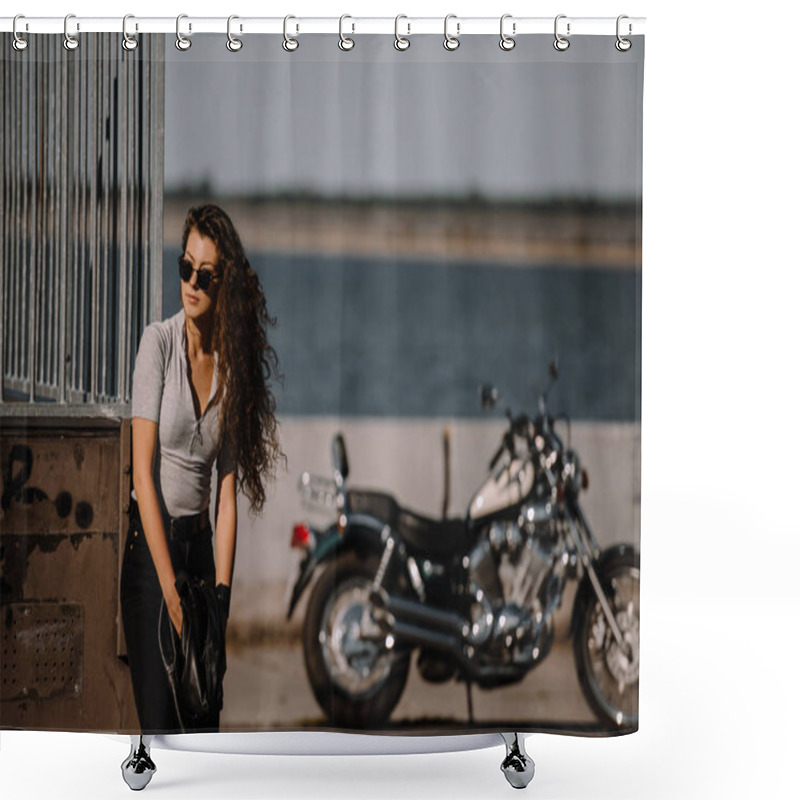 Personality  Beautiful Girl In Sunglasses Posing On Quay With Cruiser Motorcycle On Background Shower Curtains