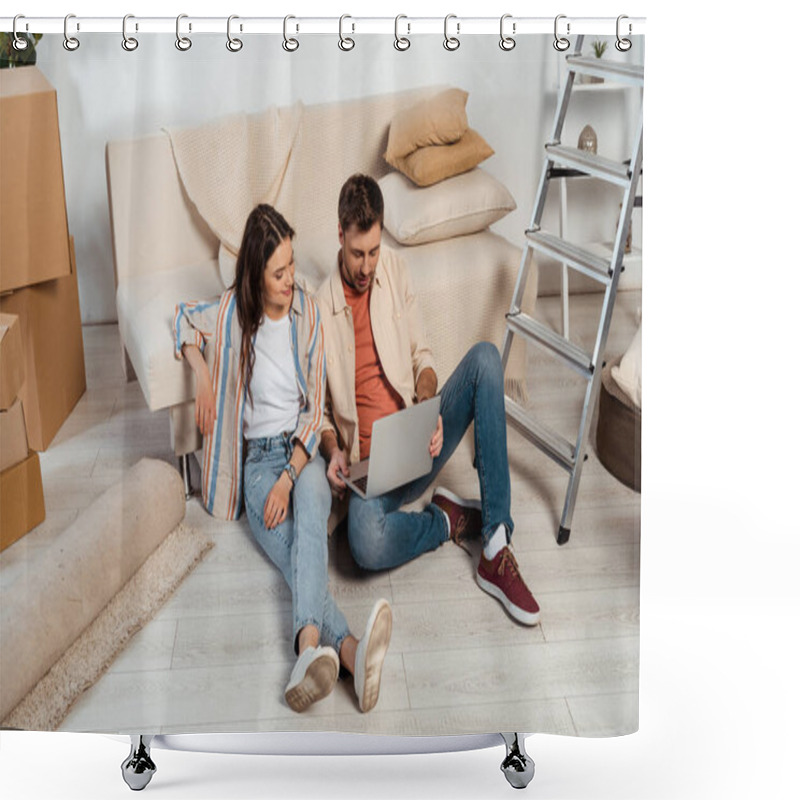 Personality  Smiling Woman Sitting Near Boyfriend Using Laptop In New House  Shower Curtains