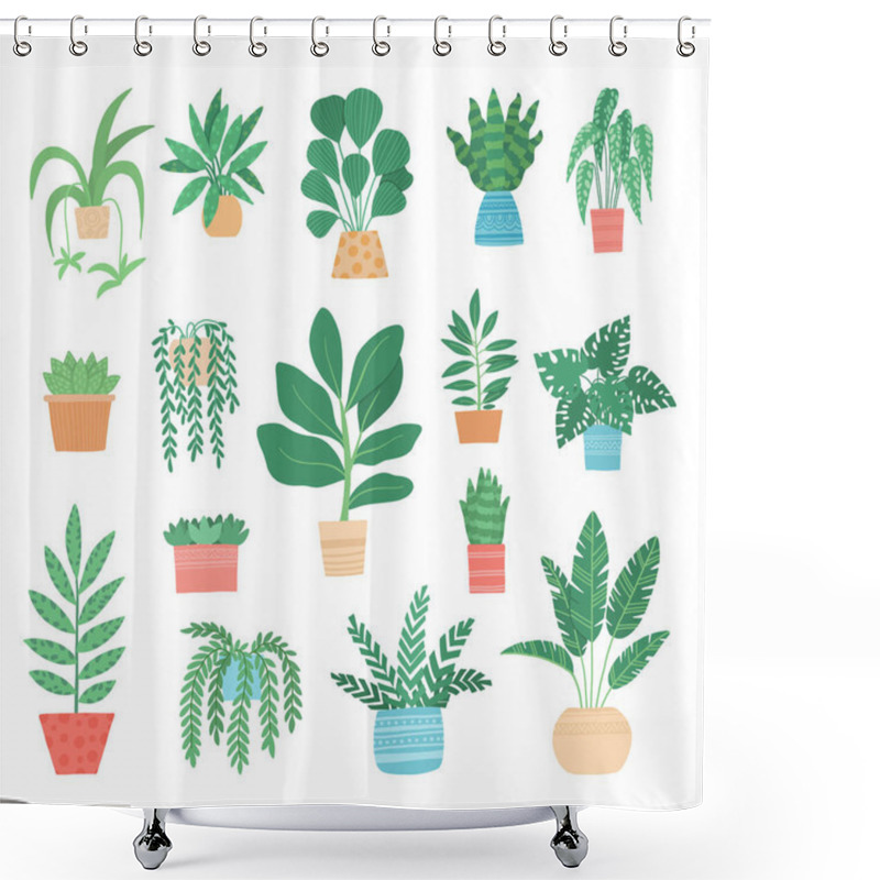 Personality  Set Of Different Tropical House Plant. Ficus, Monstera, Protea, Pellaea, Succulent In Various Pot, Vase. Scandinavian Cozy Home Decor. Flat Vector Cartoon Illustration Isolated On White Shower Curtains