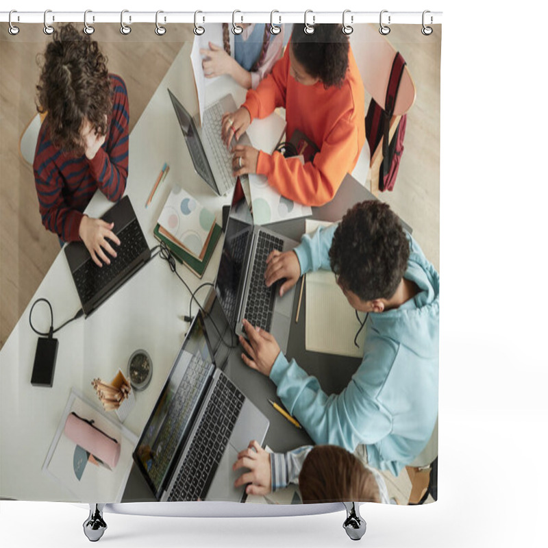 Personality  Top View At Diverse Group Of Teen School Children Using Computers In Classroom Studying Together At Table Shower Curtains