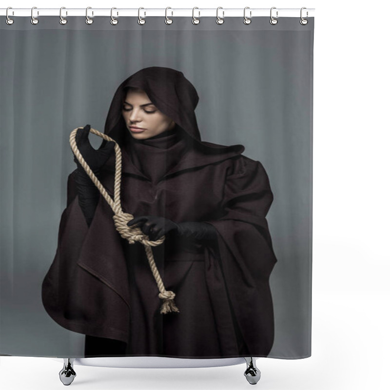 Personality  Woman In Death Costume Holding Hanging Noose Isolated On Grey Shower Curtains