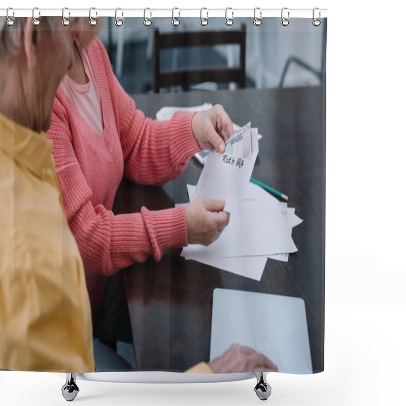 Personality  Partial View Of Senior Couple Holding Envelope With 'roth Ira' Lettering And Money While Sitting At Table Shower Curtains