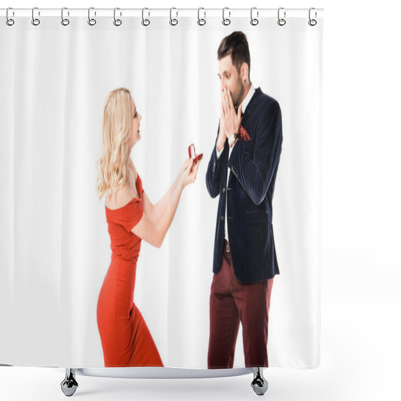 Personality  Attractive Woman Proposing Surprised Boyfriend With Ring Isolated On White Shower Curtains