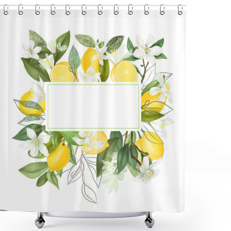 Personality  Frame Of Hand Drawn Blooming Lemon Tree Branches, Flowers, Lemons On White Background Shower Curtains