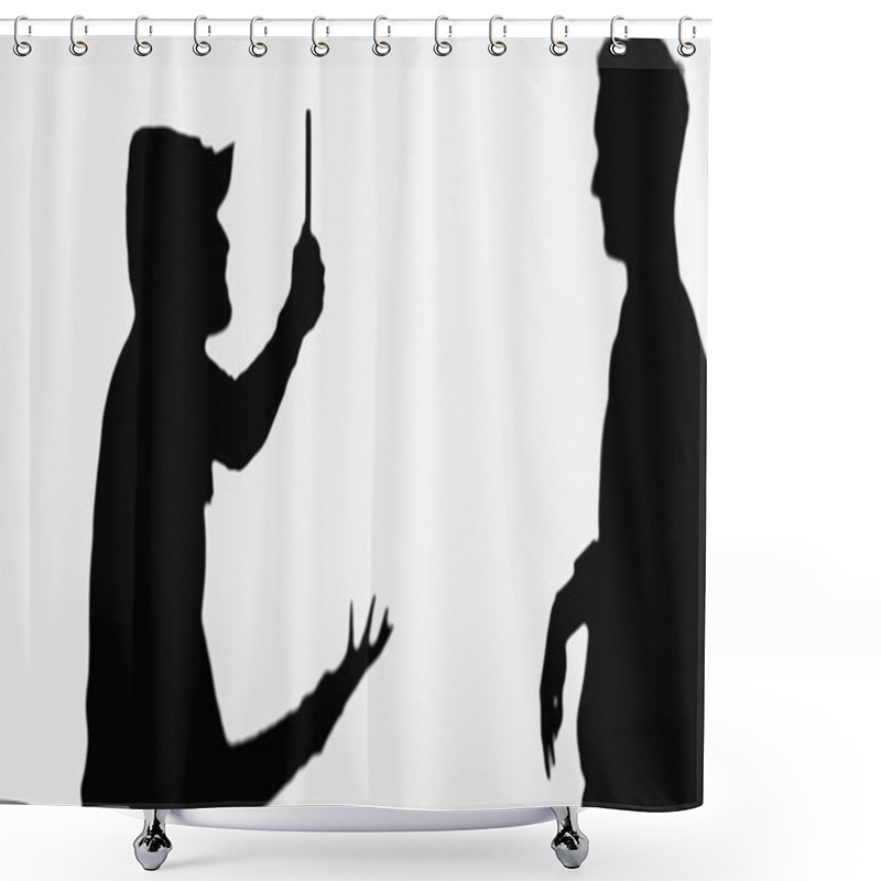 Personality  Black Shadow Of Criminal Man In Cap And Hood Holding Knife And Threatening Stranger Isolated On White Shower Curtains