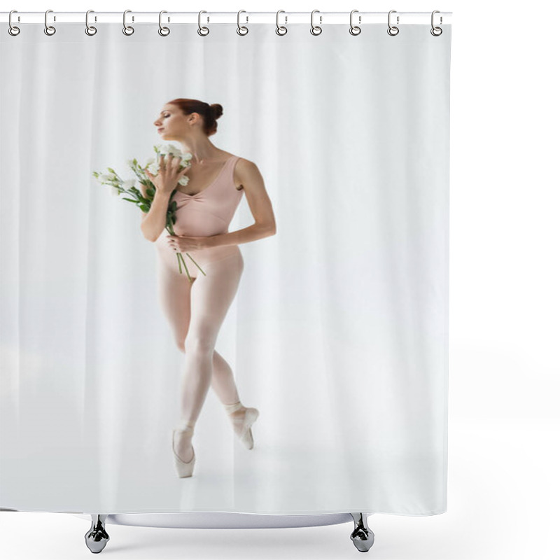 Personality  Full Length Of Ballerina In Bodysuit Holding Flowers Isolated On White  Shower Curtains