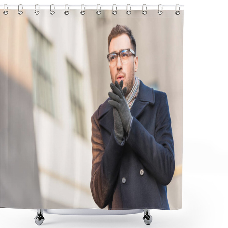 Personality  Handsome Man Warming Hands With Blurred Building Shower Curtains