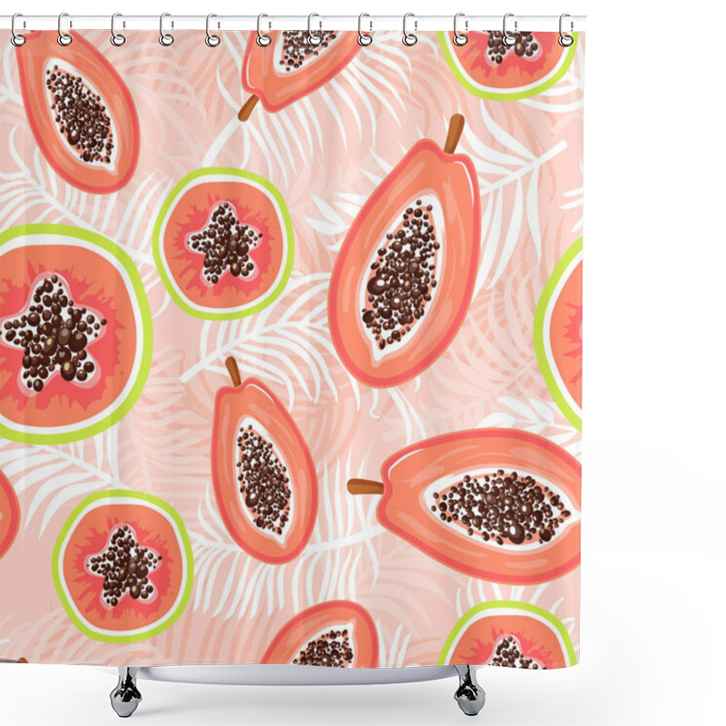 Personality  Seamless Exotic Pattern With Papaya Fruits And Tropical Leaves Background. Shower Curtains