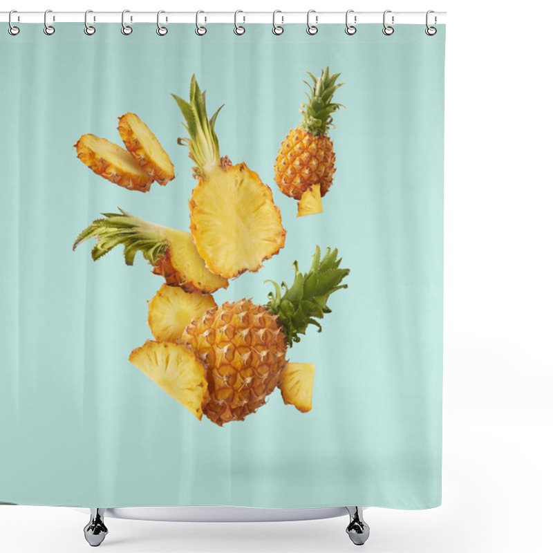 Personality  Flying In Air Fresh Ripe Whole And Cut Baby Pineapple With Slice Shower Curtains