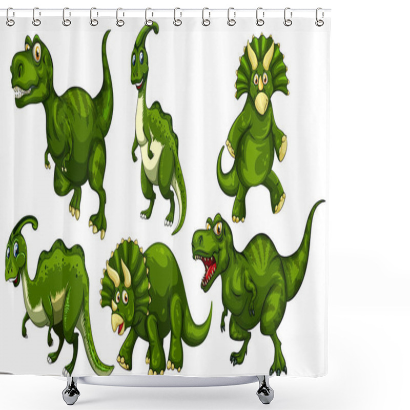 Personality  Set Of Green Dinosaur Cartoon Character Illustration Shower Curtains