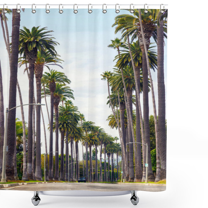 Personality  Iconic Beverly Hills Street Lined With Towering Palm Trees Under A Bright Sunny Sky, Exuding Luxury And The Charm Of Southern California Shower Curtains