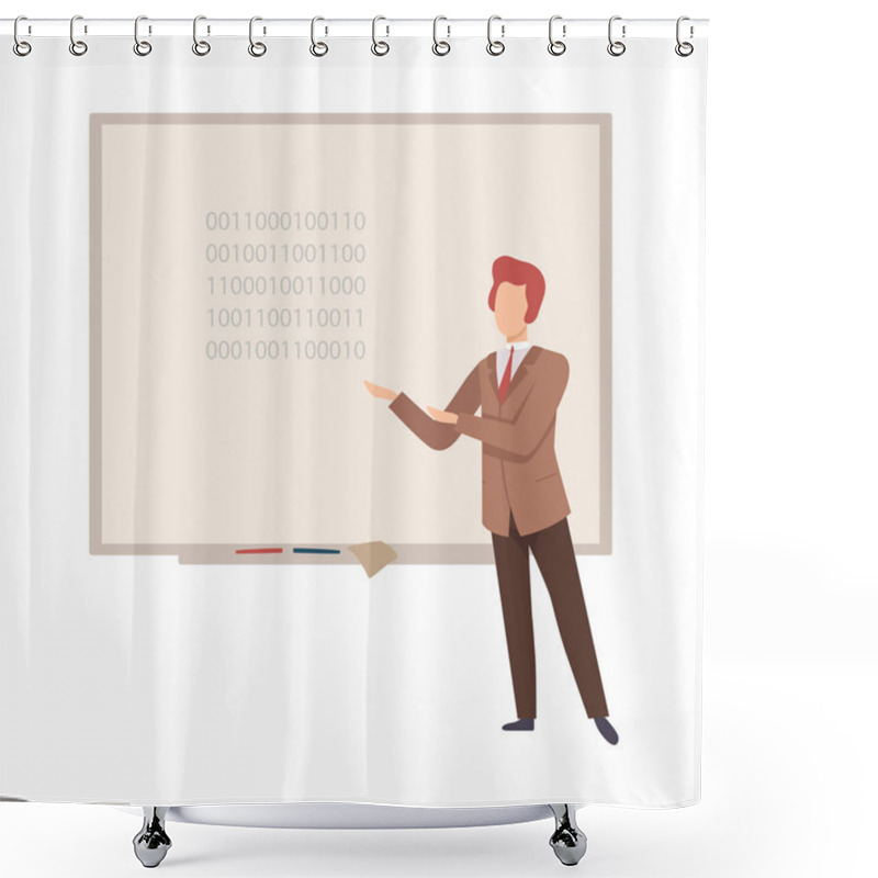 Personality  Man Stands Near The Blackboard And Teaches Programming Vector Illustration Shower Curtains