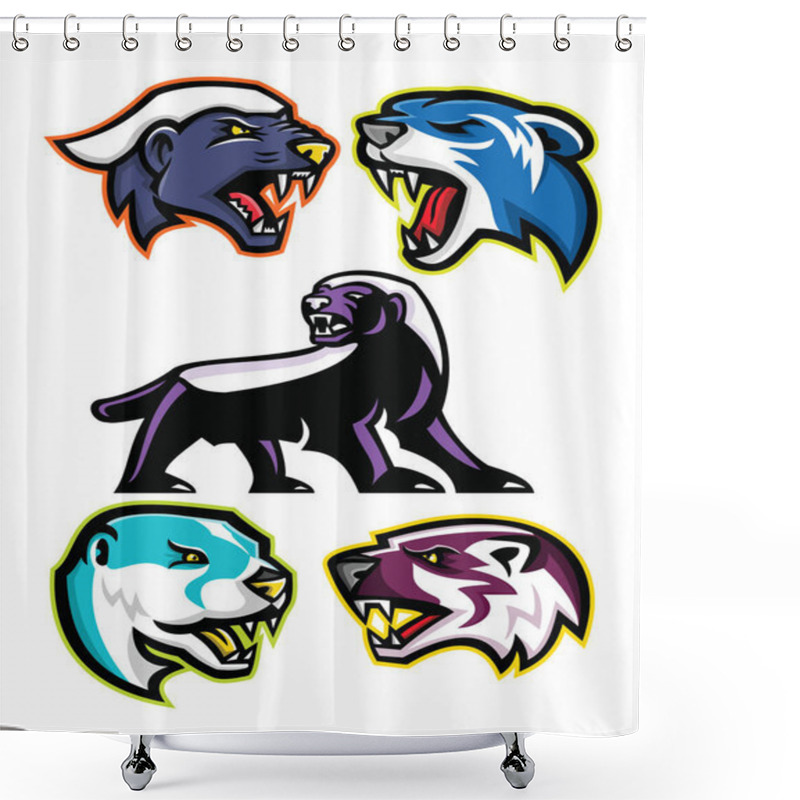 Personality  Mascot Icon Illustration Set Of Fossorial Carnivores Like The Honey Badger Or The Ratel, Polecat Or Weasel, The North American River Otter Or Common Otter And The American Badger  Viewed From Side  On Isolated Background In Retro Style. Shower Curtains