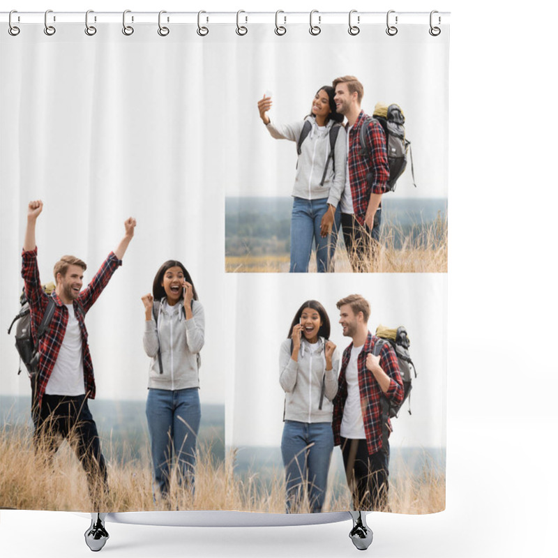 Personality  Collage Of Cheerful Multiethnic Couple Talking On Smartphone And Taking Selfie While Hiking  Shower Curtains