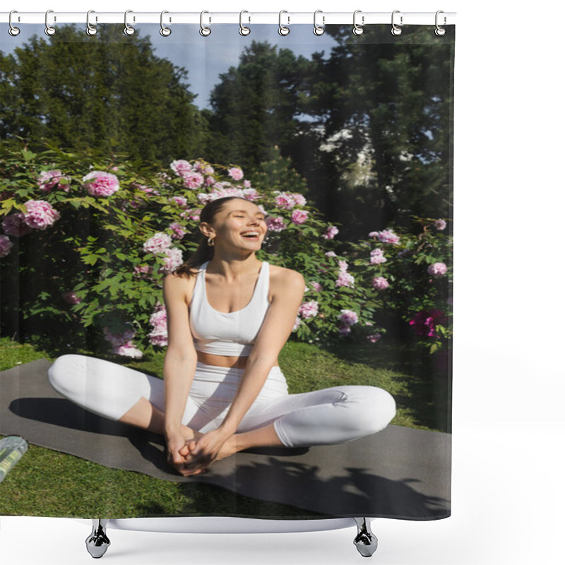 Personality  Sportive Woman Sitting In Bound Angle Pose And Laughing Near Blossoming Bushes Shower Curtains