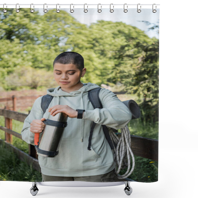 Personality  Young Short Haired Female Tourist With Backpack And Fitness Tracker Holding Thermos While Standing With Blurred Natural Landscape At Background, Trekking Through Rugged Terrain, Summer Shower Curtains